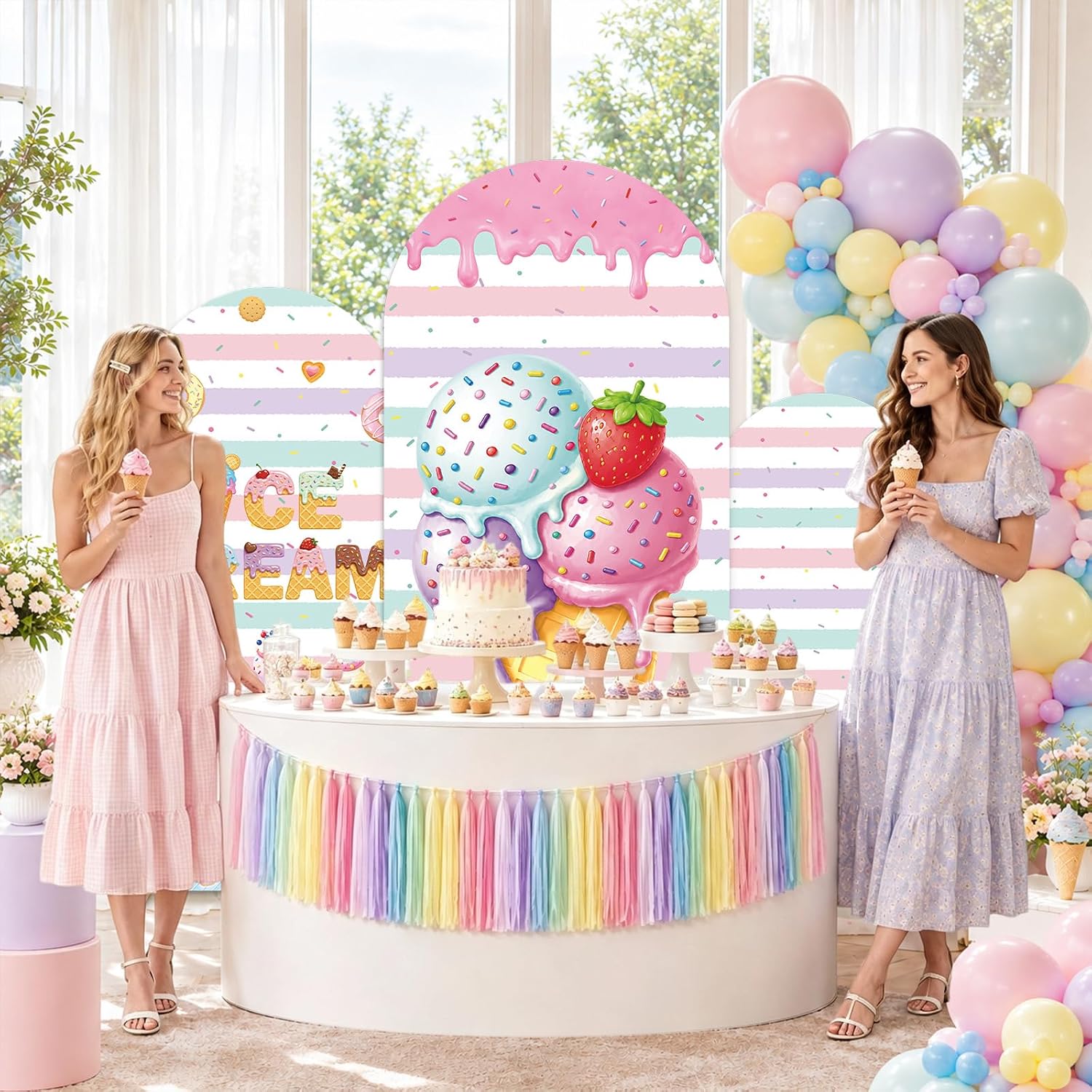 Fondo de arco de helado a raya - Dessert Table Backdrop reseña y precio